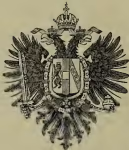 Fig. 2.—Austrian Eagle. A heraldic eagle with a single head, wings spread, holding a sword in its right claw and a sceptre in its left. On its breast is a shield containing the arms of Austria (a lion rampant on a background of three horizontal bars).