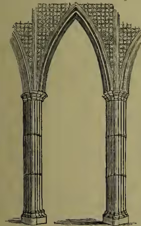 A detailed black and white line drawing of two Gothic piers supporting a pointed arch. The piers are fluted and feature decorative carvings. The arch is a simple, elegant pointed form.