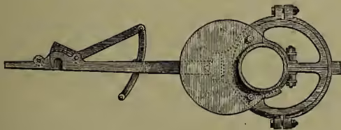 A technical diagram of an eccentric mechanism. It shows a horizontal shaft with a central circular disc. A rod is attached to the disc at a point that is not at its center, creating an eccentric motion. The rod is connected to a lever arm on the left, which is shown in a slightly angled position, indicating its movement as the disc rotates.