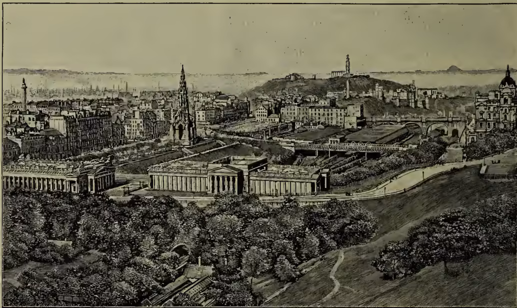 A detailed black and white engraving showing a panoramic view of Edinburgh from the castle. The foreground is filled with dense trees and foliage. In the middle ground, the city of Edinburgh is visible, featuring numerous buildings, including the prominent spire of St. Andrew's Cathedral. The city stretches across a valley towards the hills in the background. The castle is perched on a high ridge in the distance, overlooking the entire scene.