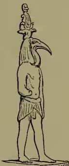 Figure 4: A standing statue of Thoth, the ibis-headed god, wearing a tall, pointed headdress and holding a small object.