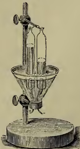 A detailed black and white illustration of a laboratory apparatus. It consists of a vertical stand with a circular base. At the top, there is a horizontal arm holding two glass tubes. Below the tubes, there is a funnel-shaped container. The entire apparatus is mounted on a thick, circular base.