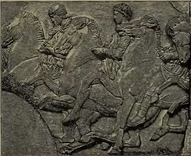 A black and white engraving showing a section of the frieze of the Parthenon. It depicts several figures in classical attire, possibly engaged in a scene of conflict or a dramatic moment. The figures are shown in various poses, with some appearing to be in motion or combat. The style is characteristic of 19th-century book illustrations.