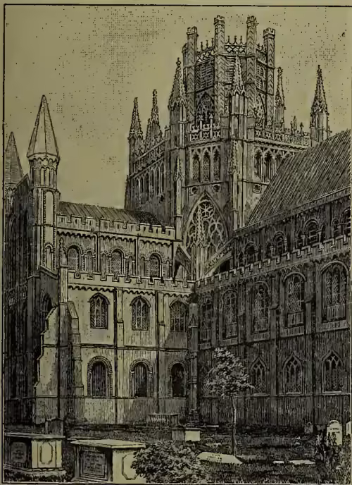 A detailed black and white engraving of Ely Cathedral, showing its complex Gothic architecture. The central feature is the octagonal lantern at the crossing, surrounded by the choir and the north-west transept. The image captures the intricate stonework, pointed windows, and the tall, slender towers of the cathedral.
