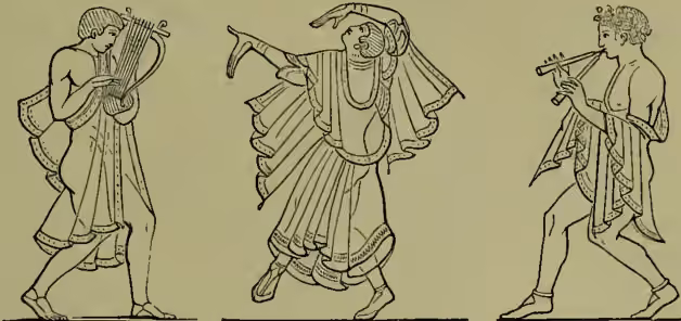 Figure 1: Three line drawings of Etruscan figures. The first figure on the left is a man playing a lyre. The middle figure is a man in a long robe, possibly dancing or performing. The third figure on the right is a man playing a flute.