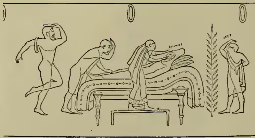 A black and white line drawing of a relief from an Etruscan tomb. It depicts a scene with several figures. On the left, a figure stands in a dynamic pose, possibly dancing or performing. In the center, a figure is seated at a long table, with another figure standing behind them, possibly serving or attending to them. On the right, a figure stands near a doorway or a wall. The style is characteristic of Etruscan art, with stylized figures and a focus on narrative action.