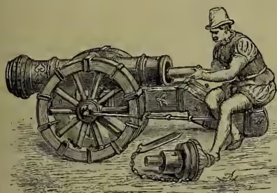 Illustration of a German breech-loading cannon from the 16th century. A man in a hat and tunic is shown kneeling and loading a large, multi-barreled cannon. The cannon has a large wooden wheel for transport and a breech-loading mechanism.