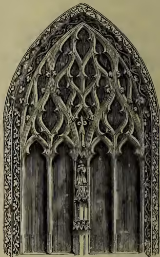 A detailed black and white illustration of a Gothic window, likely from Harfeur. The window is pointed at the top and features a complex tracery design with multiple pointed arches and intricate carvings. The tracery is dense and delicate, characteristic of the Flamboyant style. The window is set within a stone frame with decorative elements.