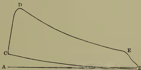 Fig. 3.—Indicator-diagram of Otto's Engine. This is a pressure-volume diagram. The horizontal axis represents volume, and the vertical axis represents pressure. The cycle is shown as a closed loop with four points: A, B, E, and D. The path starts at A, moves horizontally to B (labeled 'AB' in the caption), then curves upwards to E (labeled 'CDEB' in the caption), then curves downwards to D, and finally returns to A. The area under the curve from A to B represents the work done during the intake stroke.