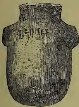 A black and white photograph of a glass vase. The vase is dark and has a textured, possibly stamped or inscribed, surface. It has a rounded body and a slightly flared rim. The inscription 'SARGON' is visible on the front.