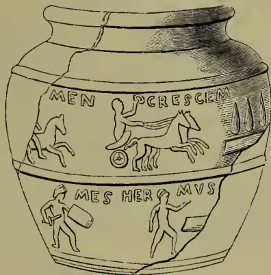 A black and white line drawing of a Roman glass cup. The cup is decorated with two bands of relief carvings. The upper band shows a chariot with a driver and two horses, with the inscription 'MEN' on the left and 'PCRESCEM' on the right. The lower band shows a gladiator with a sword and a shield, with the inscription 'MES HER MVS' above him.