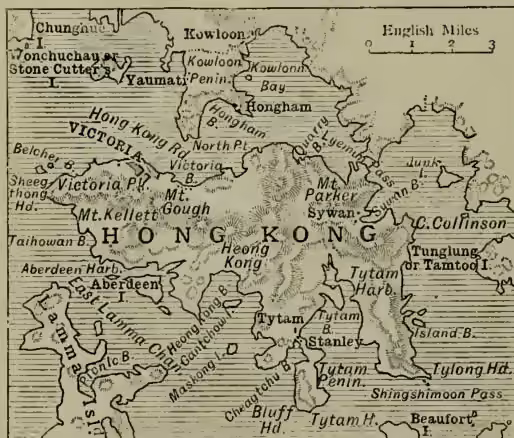 A detailed map of Hong Kong and the surrounding islands. The map shows the main island of Hong Kong, the Kowloon Peninsula, and various smaller islands and reefs. Key locations include Victoria, Aberdeen, Stanley, and Tatyam. The map also shows the Shing Shimoon Pass, the Shing Shui Pass, and the Shing Shui River. A scale bar in English miles is provided at the top right.