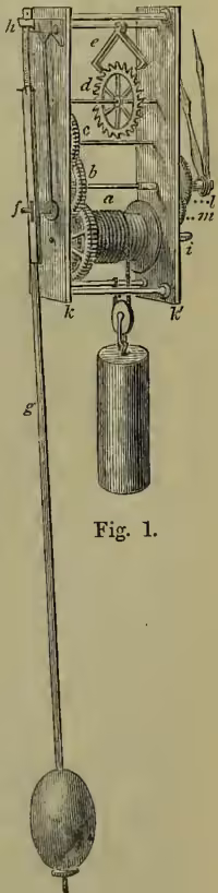 A detailed technical diagram of a non-striking timepiece. The diagram shows a vertical assembly of gears and a pendulum. At the top, a weight (a) is attached to a barrel (a) which is connected to a gear train (b, c). This train leads to a crown-wheel or escapement-wheel (d) which is set between two plates (k, k') held together by four pillars. The escapement wheel (d) is connected to a gear (e) which is part of an escapement mechanism (f) that controls a pendulum (g). The pendulum is suspended by a spring from a cock (h). The arbor of the barrel extends to a dial (i) at the bottom. The entire mechanism is housed within a rectangular frame.