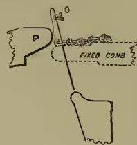 Fig. 4. A side elevation diagram showing the needle (N) continuing its descent, with the 'beard' of the hook pressing against a presser bar (P) and a fixed comb (FIXED COMB).
