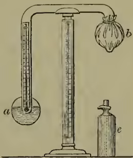 A diagram of a Daniell's hygrometer. It features a U-shaped glass tube. The left bulb, labeled 'a', is open at the bottom and contains a thermometer. The right bulb, labeled 'b', is covered with a muslin cloth. A small flask, labeled 'e', is positioned below the right bulb. A tube connects the two bulbs, and a small bulb is shown at the top right of the tube.