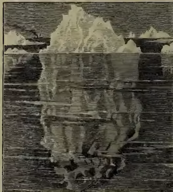 A black and white photograph of a large iceberg floating in the ocean. The iceberg has a jagged, crystalline top and a large, dark, irregular mass of ice extending below the water surface, illustrating the concept of 'the proportion under water' mentioned in the caption.