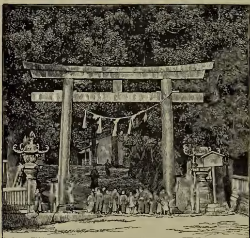 A black and white illustration of a traditional Japanese torii gate, which is a large wooden structure with two horizontal beams on top of two vertical pillars. The torii is decorated with a shimenawa (sacred rope) and a torii-mori (sacred paper). A group of people, including men in traditional robes and women in kimonos, are gathered in front of the torii, some standing and some sitting on the ground. The background shows a dense forest of trees.