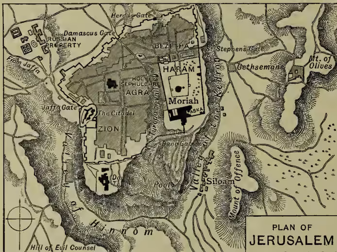 A detailed historical map of Jerusalem, titled 'PLAN OF JERUSALEM'. The map shows the city's layout with various gates and landmarks. Key features include: Damascus Gate (with a Russian property), Herods Gate, Jaffa Gate, and the Pool of Siloam. The city is divided into regions: ZION, HARAM, and MORIAH. The Temple Mount (Temple) is located in the center of the HARAM area. Other landmarks include the Hill of Edil Counsel, the Mount of Olives, and the Valley of Gethsemane. The map also shows the Pool of Siloam, the Kedron Valley, and the Tyropæon Valley. A compass rose is located in the bottom left corner.