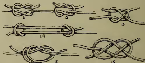 A collection of 6 numbered illustrations of knots for uniting two cords. 11: Reef-knot. 12: Granny knot. 13: Square knot. 14: Square knot. 15: Square knot. 16: Square knot.