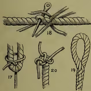 Diagrams illustrating rope splicing techniques. Figure 18 shows a short splice where two ropes are joined closely together. Figure 19 shows a long splice where one rope is passed through a block. Figure 20 shows an eye splice where the ends are laced over and under the opposite strands.
