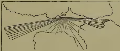 Fig. 10. A map showing the coastline of Scotland. A series of lines representing light rays originate from a point on the coast and extend outwards across the sea. The rays are concentrated in a narrow band across the sound, indicating the path of the light.