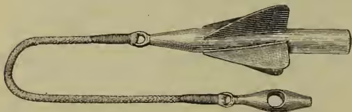A detailed illustration of a ship's log, also known as a rotator. It consists of a long, curved, flexible tail with a small hook at the end, and a larger, flat, paddle-like head with four vanes. The tail is shown in two positions, one above the other, to show its flexibility.