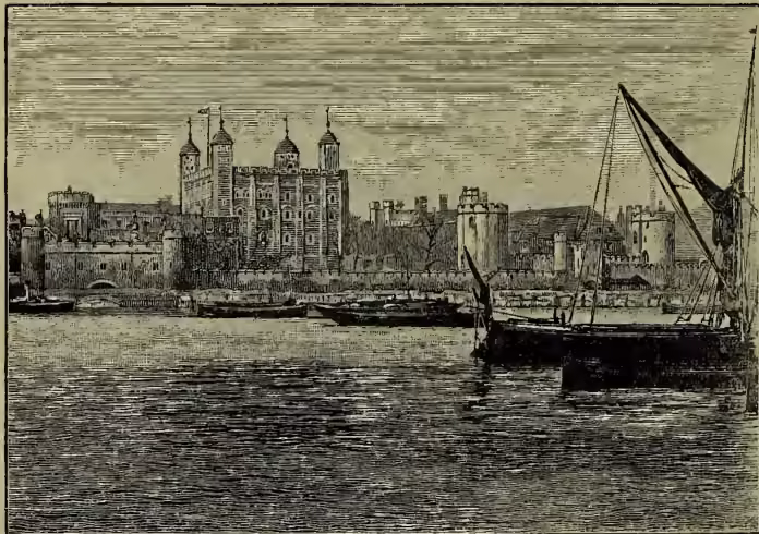 A black and white engraving showing the Tower of London from the River Thames. The Tower, with its multiple towers and battlements, is visible on the left bank. Several boats are on the water in the foreground.