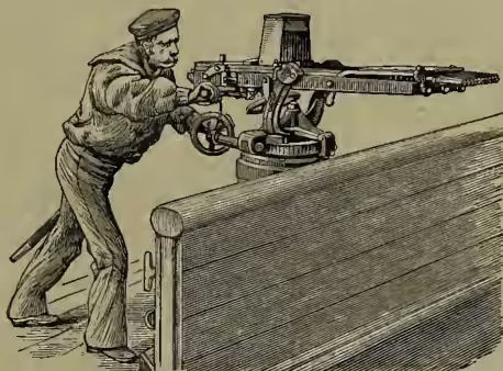 A black and white illustration showing a man operating a Nordenfelt-Palmcrantz gun. The gun is mounted on a wooden bulwark, and the man is using a crank handle to fire it.
