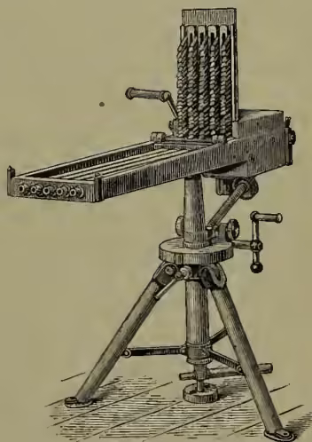 A black and white illustration of a five-barrelled Gardner gun mounted on a tripod stand. The gun has five barrels arranged in a horizontal row, and the stand is a three-legged tripod.