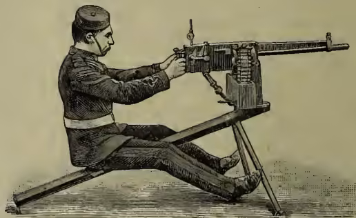 An illustration of a soldier in uniform operating a rifle-calibre Maxim machine gun. The gun is mounted on a tripod stand. The soldier is seated and holding the firing handle, with a belt of cartridges visible behind the gun.