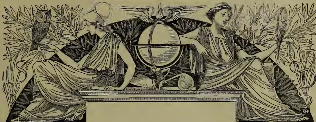 An ornate woodcut-style illustration for Chambers's Encyclopædia. It features two female figures in classical attire seated on a pedestal. The figure on the left holds a staff with a snake entwined around it, and an owl is perched on her shoulder. The figure on the right holds a torch. Between them is a globe with a winged figure (likely Mercury) standing on top. The entire scene is framed by decorative foliage and scrolls.