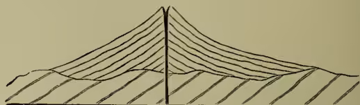 A line drawing of a volcano, showing a conical peak with a central vent. The base of the volcano is surrounded by a series of concentric, slightly irregular lines representing the accumulation of volcanic material. The ground surface is shown with diagonal hatching.