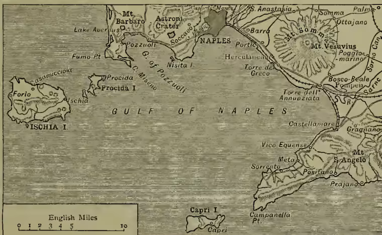 A detailed map of the Gulf of Naples and surrounding regions. The map shows the coastline of the Gulf of Naples, with the city of Naples at its center. To the north are the islands of Procida and Ischia. To the east is the Gulf of Pozzuoli, with the island of Capri to the south. The map includes numerous geographical features such as Mt. Vesuvius, Mt. Somma, Mt. Astronomia, and various smaller peaks and points. Towns and villages like Sorrento, Positano, and Capri are marked. A scale bar at the bottom left indicates distances in English miles from 0 to 10.