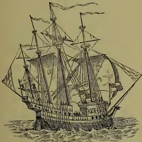 A detailed black and white illustration of a three-masted sailing ship, identified as the Great Harry. The ship is shown from a side-on perspective, sailing on a choppy sea. It has three masts with complex rigging, including square-rigged sails on the foremast and mainmast, and a spanker sail on the mizzenmast. The hull is multi-decked with gun ports visible. The ship has a prominent sterncastle and a bowsprit. The illustration is a fine-line engraving style.