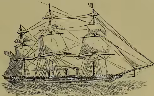 A detailed black and white illustration of the USS Warrior, an armour-plated screw frigate. The ship is shown from a side profile, facing left. It has three masts with sails, a complex rigging system, and a gun deck with many gun ports. The hull is dark, and the overall design is characteristic of the mid-19th century.