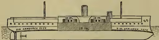 Diagram of H.M.S. Colossus (1882) showing the disposition of armour and the armoured deck. The diagram is a side profile of the ship. It shows a central armoured deck with a thickness of 18 inches. The fore and aft ends are unarmoured. The ship has two masts and two funnels. Labels indicate '18 IN.' for the central armoured deck, '3 IN. ARMoured DECK' for the fore and aft sections, and '18 IN.' for the waterline. The ship's name 'COLLOSSUS' is visible on the bow.