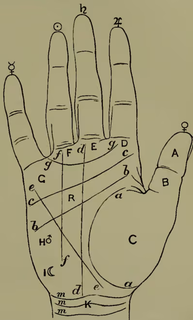 A diagram of a human hand, palm facing up, with various lines and mounts labeled with letters and symbols. The fingers are labeled with planetary symbols: ♀ (Venus) on the little finger, ♃ (Jupiter) on the ring finger, ♄ (Saturn) on the middle finger, ☿ (Apollo) on the index finger, and ♂ (Mercury) on the thumb. The palm contains several lines: a long line of life (labeled 'a'), a line of head (labeled 'b'), a line of heart (labeled 'c'), and a line of Saturn or fate (labeled 'd'). A quadrangle (labeled 'R') is formed by the lines of head and heart. The mounts are labeled with letters: A (will) on the thumb, B (logic) on the index finger, C (mount of Venus) on the middle finger, D (mount of Jupiter) on the ring finger, E (mount of Saturn) on the little finger, F (mount of Apollo) on the index finger, G (mount of Mercury) on the ring finger, and H (mount of Mars) on the thumb. The wrist area is labeled with 'm' for bracelets of life.