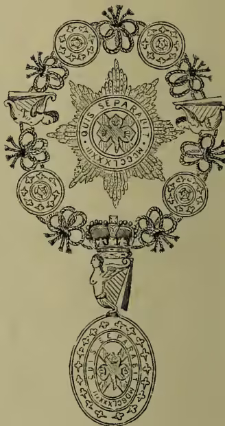 A detailed illustration of the Order of St. Patrick. It features a central circular badge with a harp and a crown, surrounded by a wreath of shamrock. The badge is suspended from a gold collar made of alternating roses and harps. Below the collar is a sky-blue ribbon with the motto 'QUIS SEPARABIT MDCLXXXIII.' in gold letters. The entire order is set against a background of gold and white.