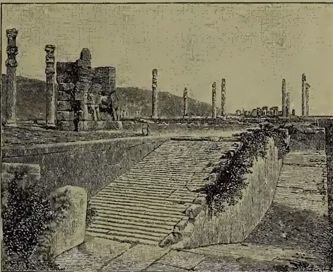 A black and white engraving showing the Great Staircase to the Northern Platform at Persepolis. The staircase is made of large stone blocks and leads up to a platform. In the background, the ruins of the Great Hall of Xerxes and the Palace of Darius are visible, featuring tall columns and other architectural remains. The scene is set against a backdrop of hills.