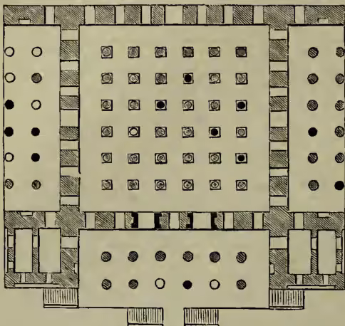 Fig. 1.—Plan of Great Hall of Xerxes at Persepolis. The diagram shows a rectangular plan with a central rectangular area containing a 6x6 grid of squares. This central area is surrounded by a border of columns. On the left and right sides, there are two rows of six columns each. At the bottom, there is a portico with two rows of six columns. The plan is enclosed by a thick wall with a series of openings.