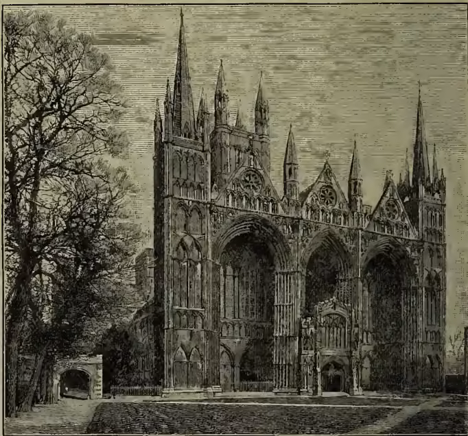 A detailed black and white engraving of the West Front of Peterborough Cathedral. The image shows the intricate Gothic architecture, including the central tower with its pinnacles, the large pointed arches of the main entrance, and the detailed tracery and carvings on the facade. The building is set against a background of trees and a clear sky.