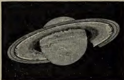 A black and white photograph of the planet Saturn, showing its characteristic ring system. The planet is tilted, and the rings appear as a series of concentric, slightly elliptical bands. The image is taken through a telescope, showing some graininess and detail of the planet's surface and the rings' structure.