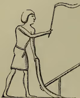 Fig. 5. Ancient Egyptian plough. A line drawing of a man in a kilt and headcloth, holding a long wooden pole with a curved handle at one end and a plough share at the other. The plough is being pulled by a rope attached to the handle.