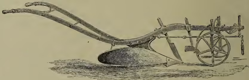 Fig. 7. Ransome's Wheel Plough. A detailed line drawing of a plough with two large spoked wheels on the side. It has a long handle and a large share with a coulter and mouldboard.
