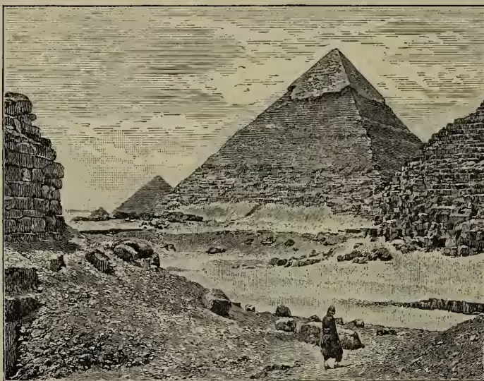 A black and white engraving of the Great Pyramid of Giza, known as the Second Pyramid. The pyramid is shown from a low angle, with its base in the foreground and its apex reaching towards the top of the frame. The surrounding landscape is rocky and barren, with some smaller pyramids visible in the distance. A small figure of a person is standing on the ground in front of the pyramid, providing a sense of scale. The sky is filled with horizontal lines, suggesting clouds or a textured atmosphere.