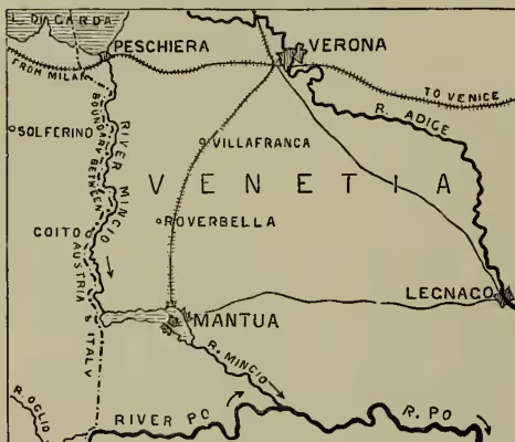A map of the Quadrilateral region in North Italy. It shows the Po River flowing through the center, with the R. Mincio and R. Adige branching off. Four fortresses are marked: Peschiera on the Po, Verona on the Adige, Mantua on the Mincio, and Legnano on the Mincio. Other locations include Villafranca, Roverbella, and Coito. The map also indicates the borders with Austria and Italy, and the proximity to Milan and Venice.
