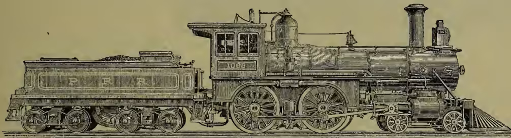 A detailed black and white illustration of a typical American steam engine. The locomotive is shown in profile, facing right. It has a large boiler, a tall chimney at the front, and a prominent smokebox. The tender is labeled 'P P R'. The engine is mounted on a bogie-truck with multiple sets of wheels.