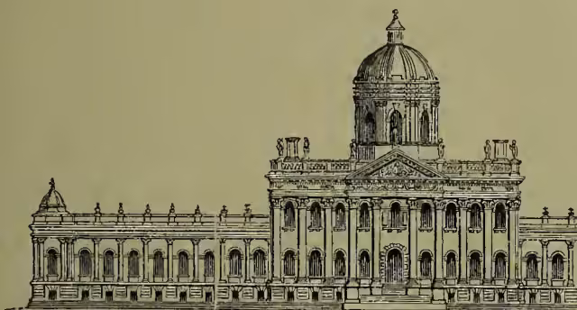 A detailed architectural drawing of the Park Front of Castle Howard. The building is a large, symmetrical structure with a central pedimented portico supported by columns. Above the portico is a large dome. The facade is adorned with numerous windows, some of which are arched. The building has a long, low profile with a series of smaller porticos along the sides.