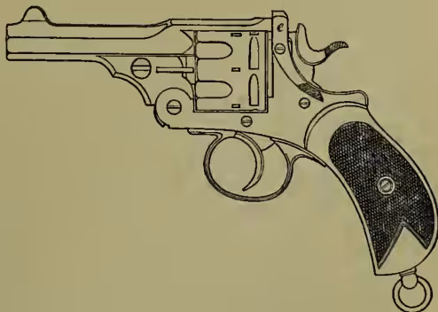 A detailed technical illustration of a Webley's Revolver Pistol (Mark I.). The drawing shows the front view of the revolver, highlighting its mechanical components. The barrel is long and pointed, with a small notch at the muzzle. The cylinder is open, revealing six chambers. The frame is solid, and the trigger is a prominent lever. The handle is made of wood with a checkered pattern. A small swivel is visible at the bottom of the handle, used for the ramrod. The illustration is precise, showing the alignment of the chambers and the internal mechanism of the trigger and cylinder.