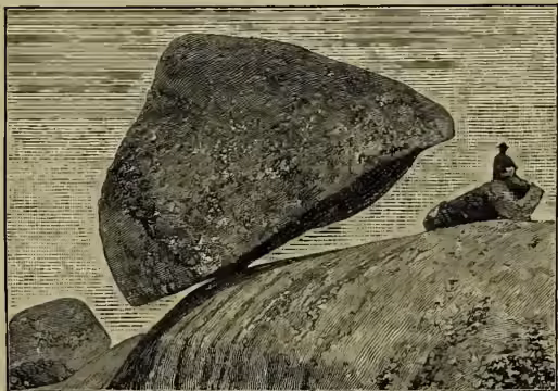 An illustration of a large, dark, irregularly shaped rock balanced precariously on a smaller rock, forming a natural archway. A small figure of a person is visible in the background, providing a sense of scale.